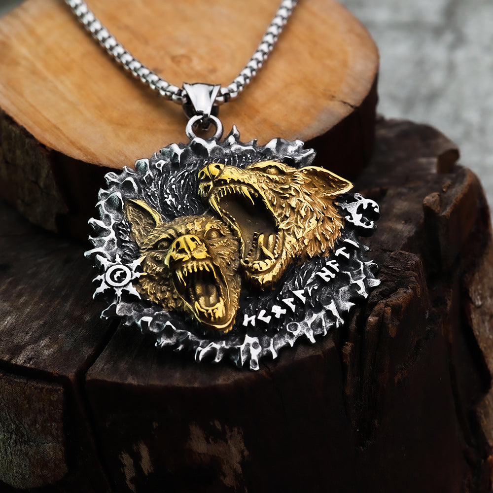 Nordic Viking Fashion Double Wolf Rune Pendant for Men