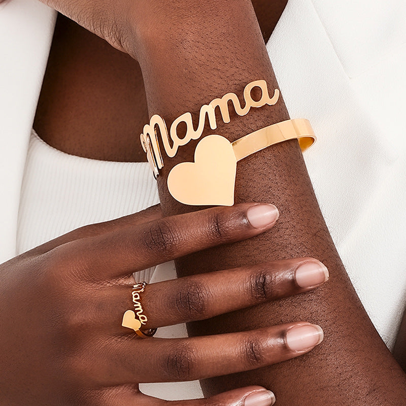 Stylish Metal Love MAMA Bracelet and Ring Set for Mother's Day