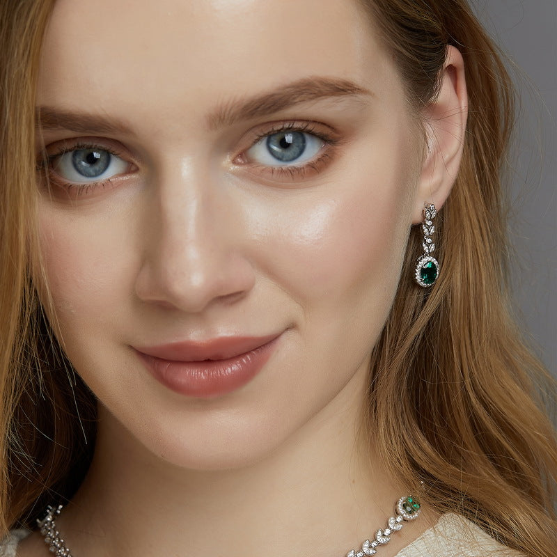 S925 Sterling Silver Lab-Grown Emerald Leaf Stud Earrings