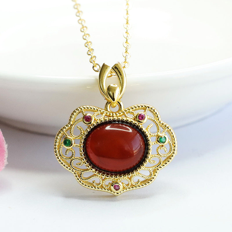 Blood Amber Ruyi Pendant with Sterling Silver Frame and Beeswax Gem