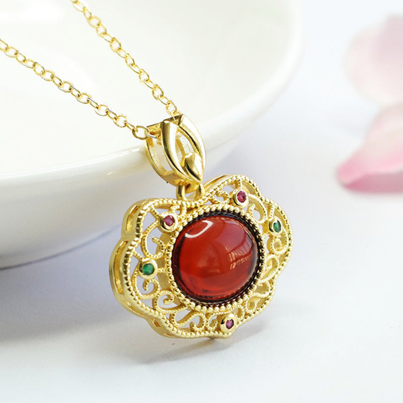 Blood Amber Ruyi Pendant with Sterling Silver Frame and Beeswax Gem