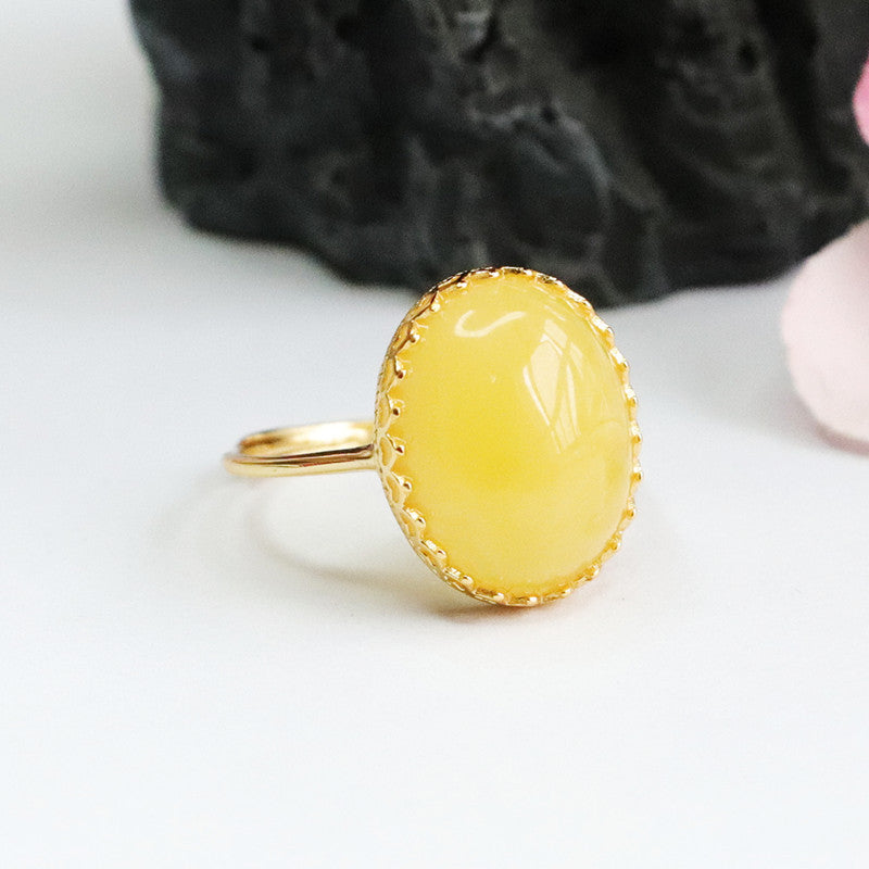 S925 Sterling Silver Oval Baltic Beeswax Amber Ring with Adjustable Opening
