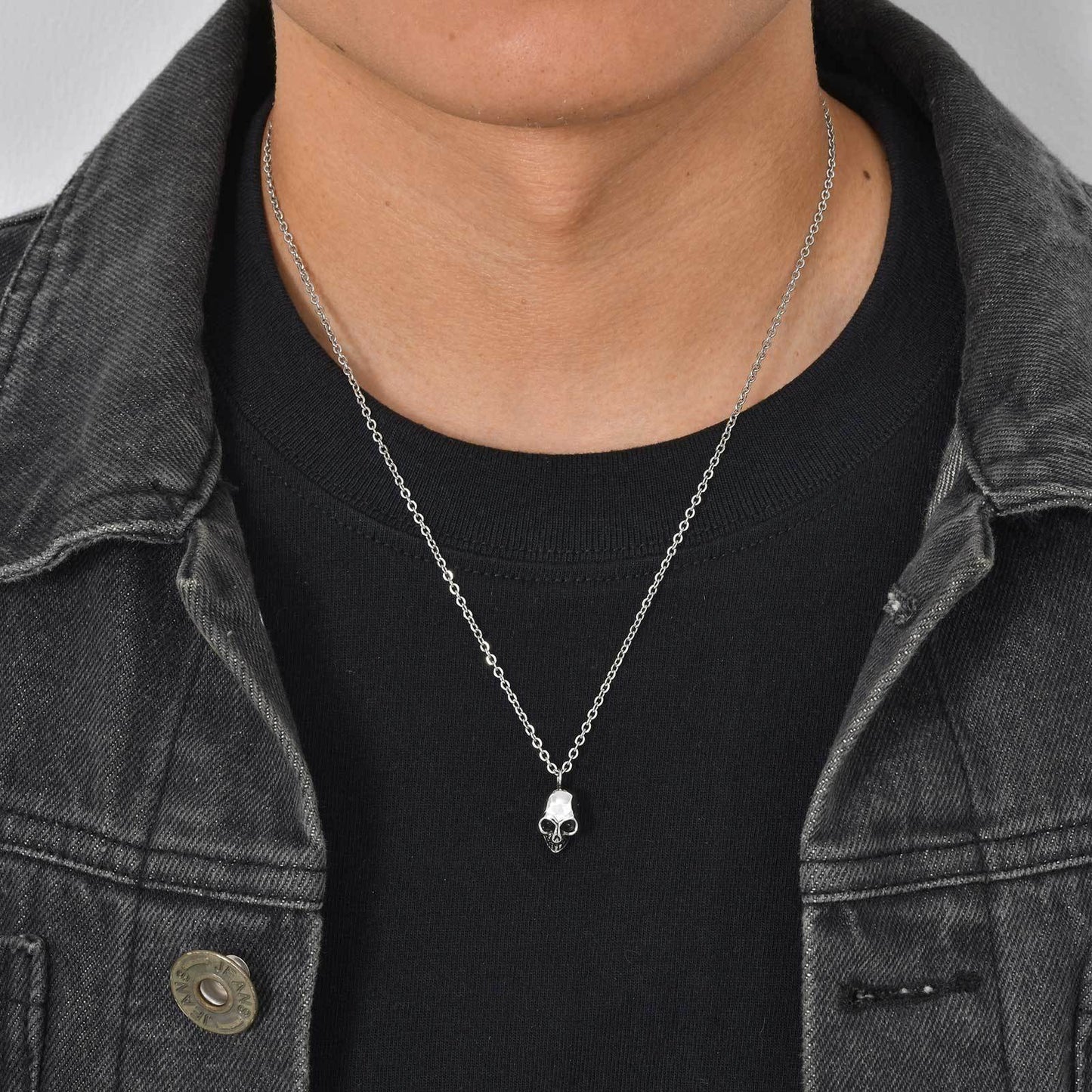 Stainless Steel Flat Cross Chain Skull Head Pendant Necklace
