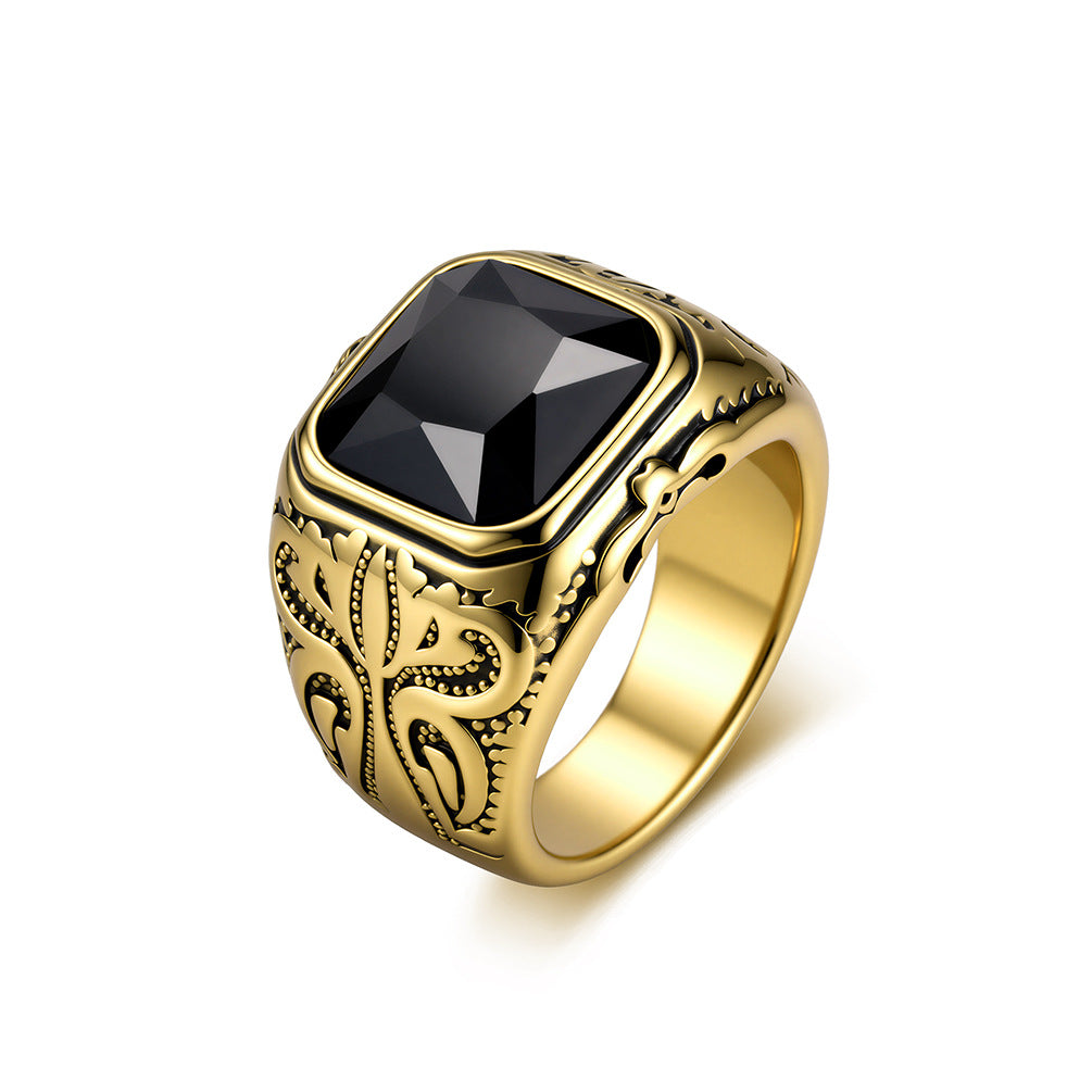 Stainless Steel Gemstone Vintage Gold-Plated Ring