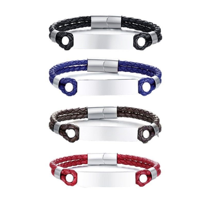 Leather Trendy Simple Blank Stainless Steel Bracelet for Men