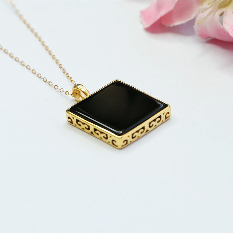 Black Agate Greek-Key Peace Plaque Pendant — No Chain