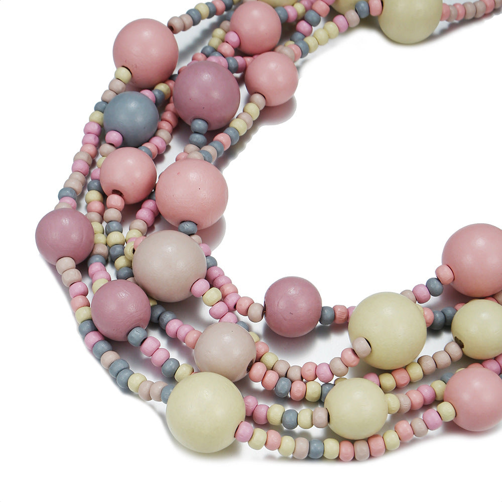 Multi-layer Wooden Bead Necklace in Ethnic Style with Dreamy Pink Jewelry