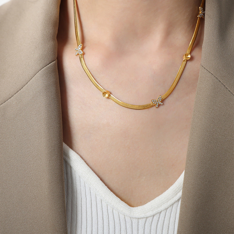 Golden Butterfly Pendant Necklace with Zircon Details, Chic and Elegant Jewelry for Women