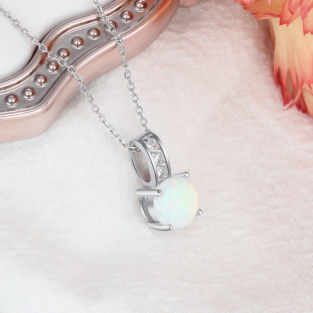 Planderful Jewelry Opal Necklace In Sterling Silver Four Claw Pendant With Zircon