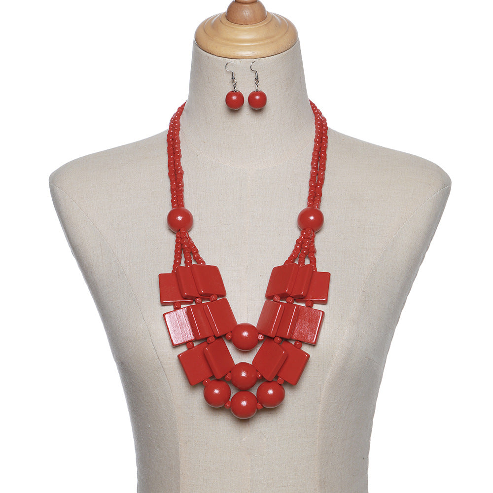 Rustic Wood Bead Layered Necklace & Earring Set - Savanna Rhythms Collection