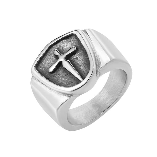 Crucifix Shield Polished Titanium Steel Ring for Men