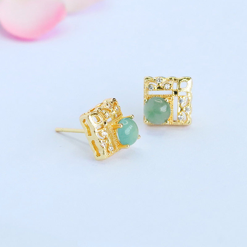 Blue-Water Jadeite Window Motif Stud Earrings