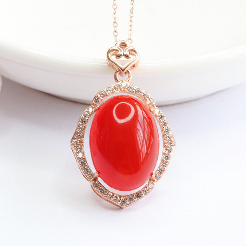 Rose Gold Plated Silver Necklace with Natural Red Agate Pendant