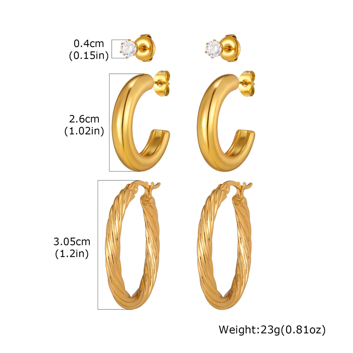 Gold-Tone Earring Set — Crystal Studs or Hoops