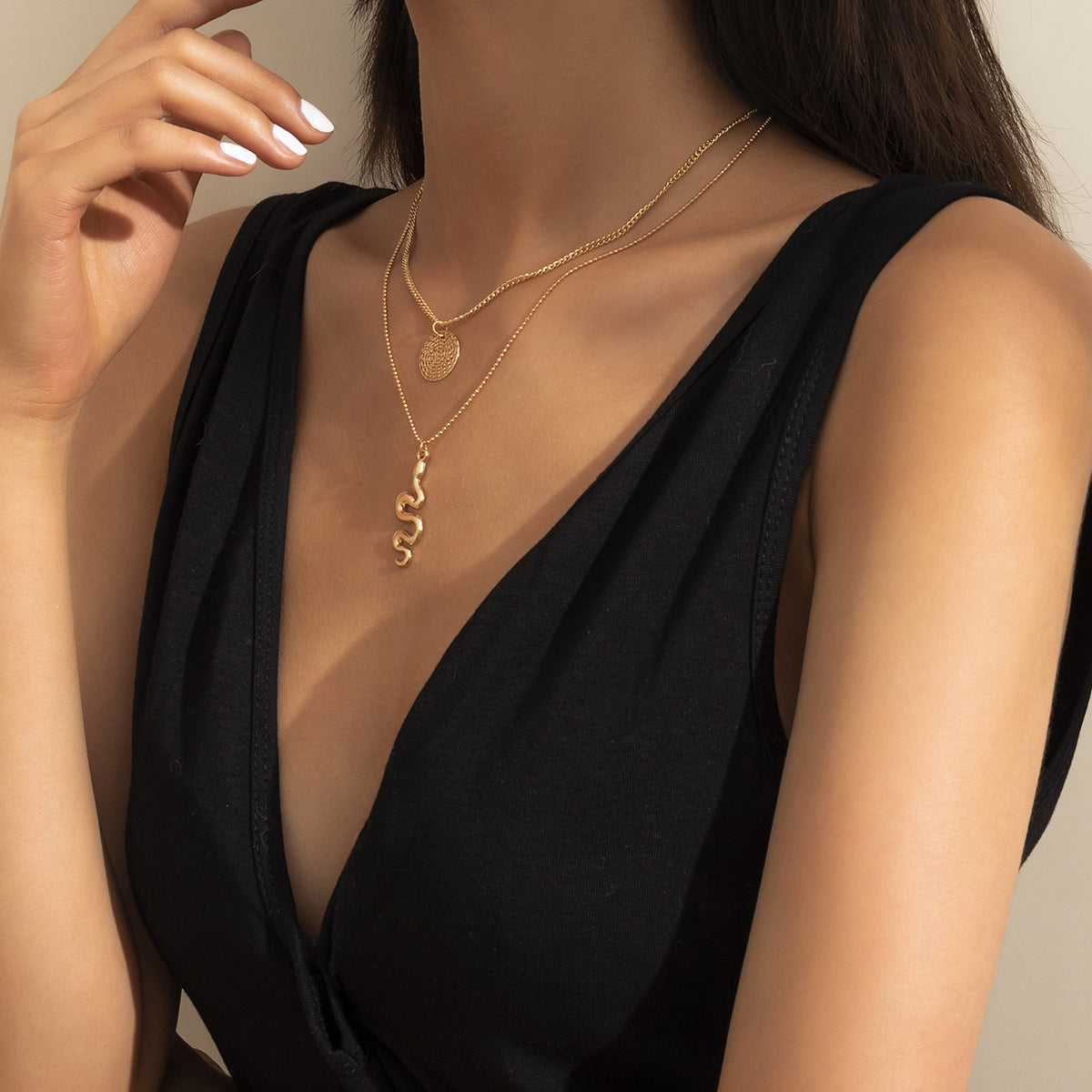 Planderful Snake Necklace Double Layer Geometric Curved Chain For Women Statement Jewelry