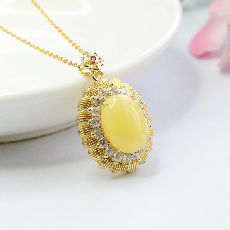 Yellow Amber Beeswax Pendant with Zircon Flower Halo Necklace Jewelry