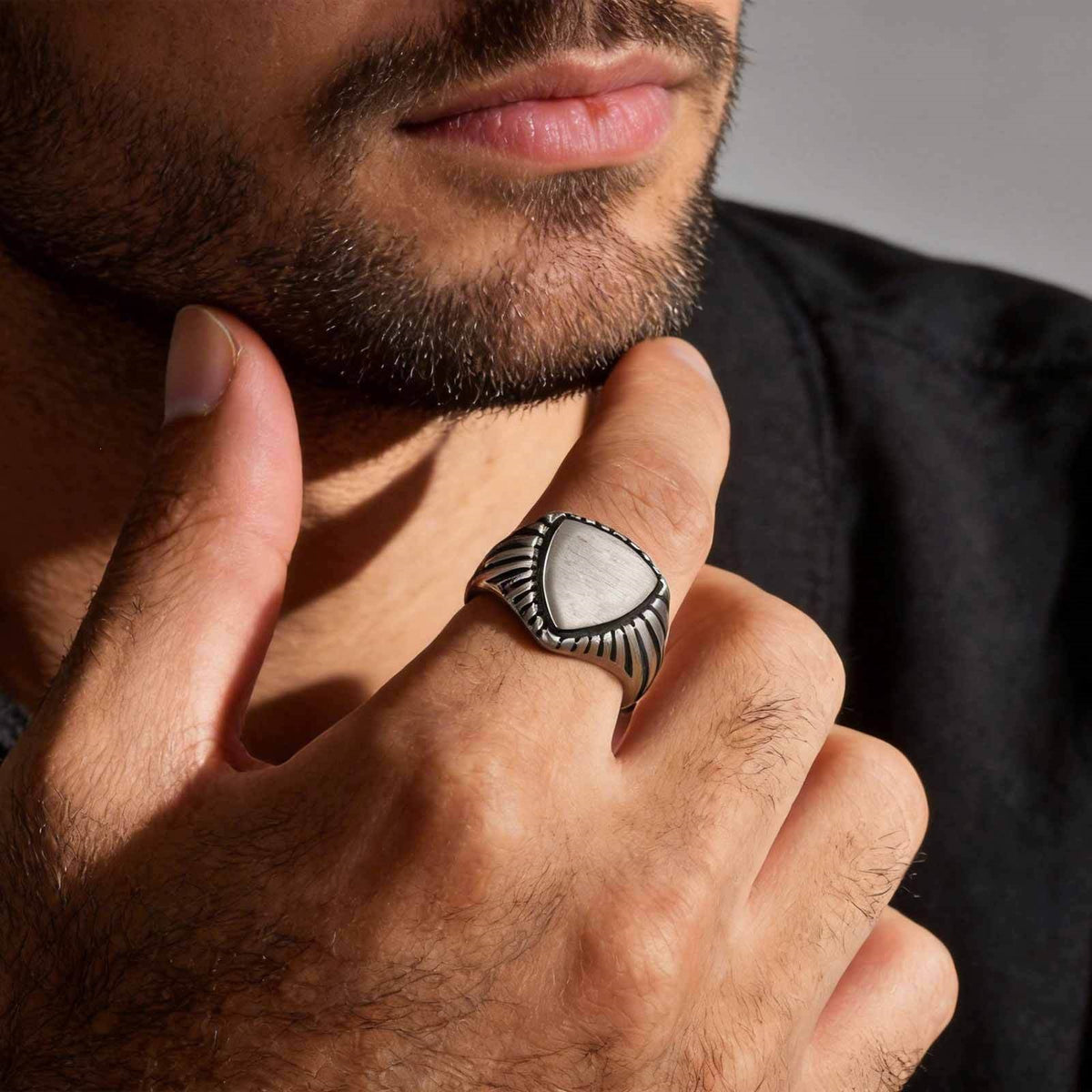 Men's American Tough Guy Literary Stainless Steel Brushed Triangle Ring