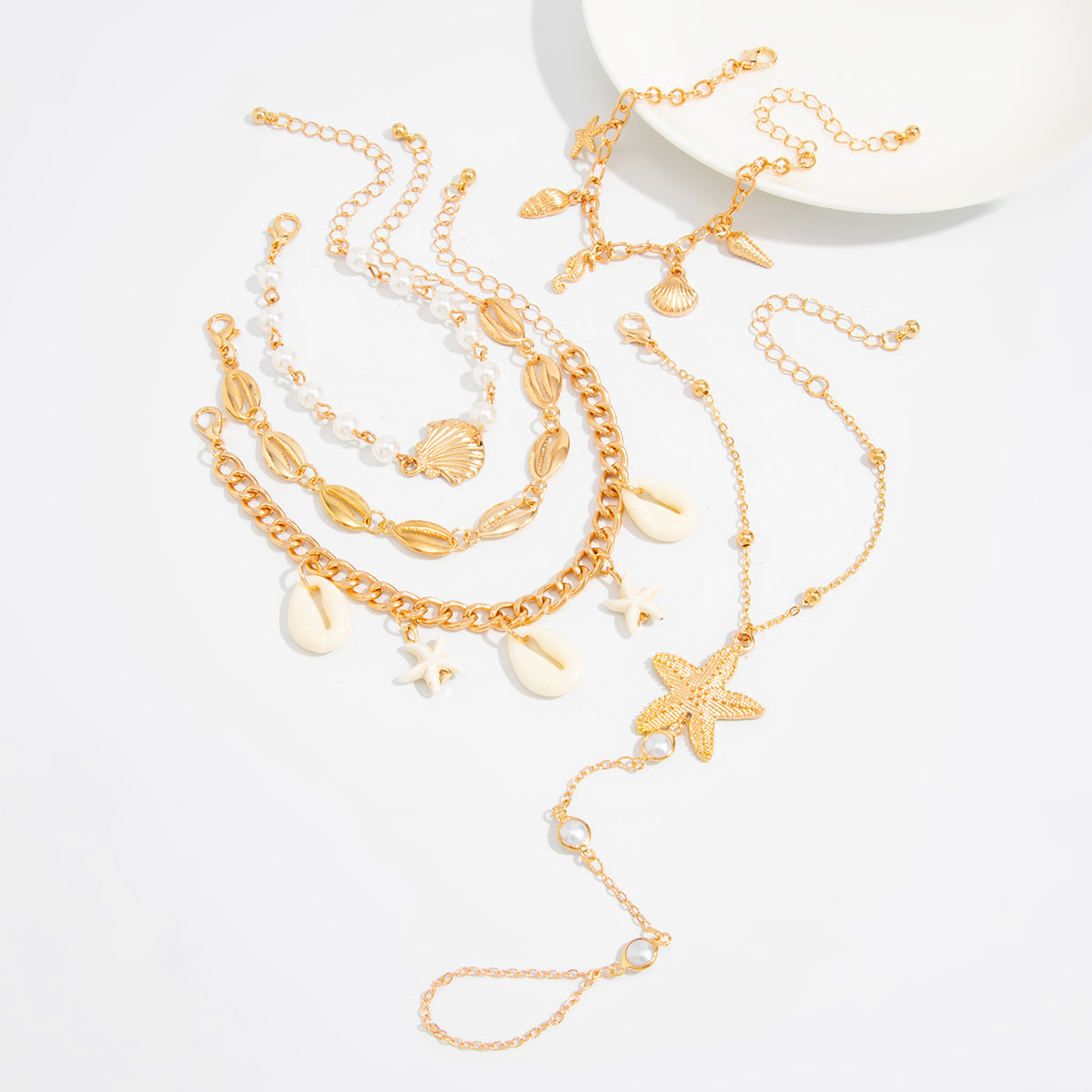Ocean-Style Shell Tassel Finger Bracelet Vacation Seahorse And Starfish Shape Layered Pearl