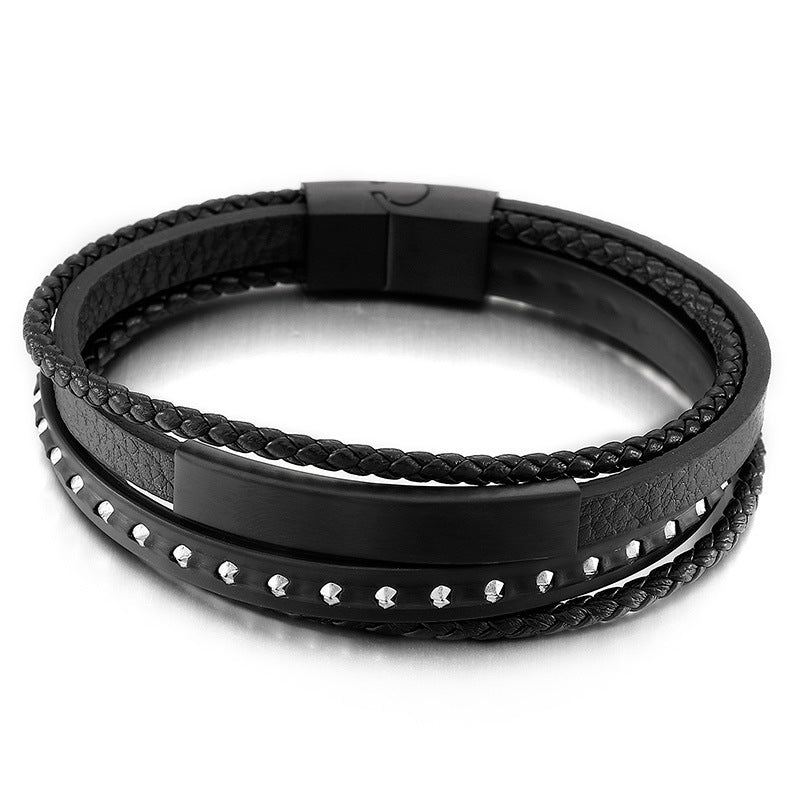 Planderful Leather Woven Steel Magnet Buckle Bracelet Men