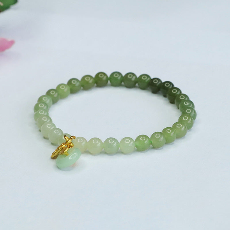 Fortune's Favor Sterling Silver Bracelet with Natural Hetian Jade Qingshui Gradient and Ping An Clasp for Women