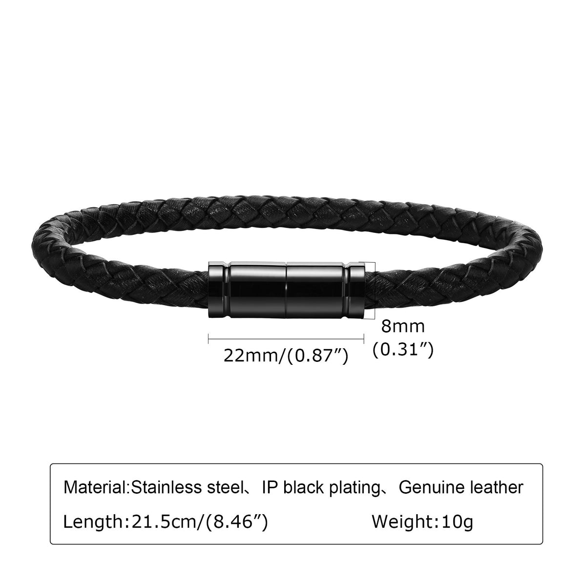 Stainless Steel Magnetic Buckle Leather Black Bracelet Men's