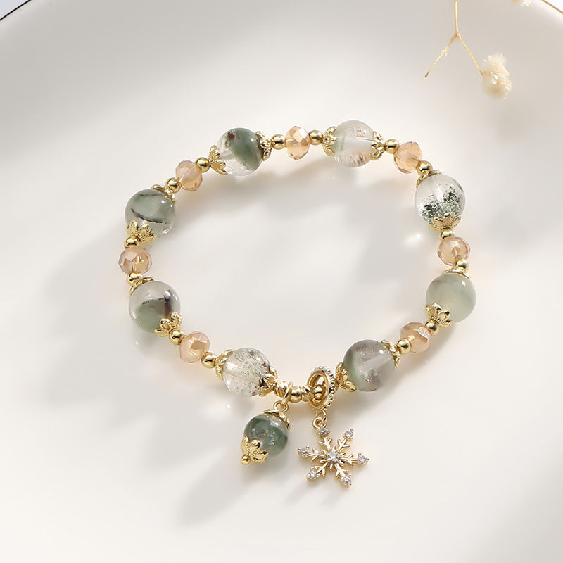 Forest Series Handcrafted Natural Green Ghost Crystal Bracelet with Snowflake Pendant
