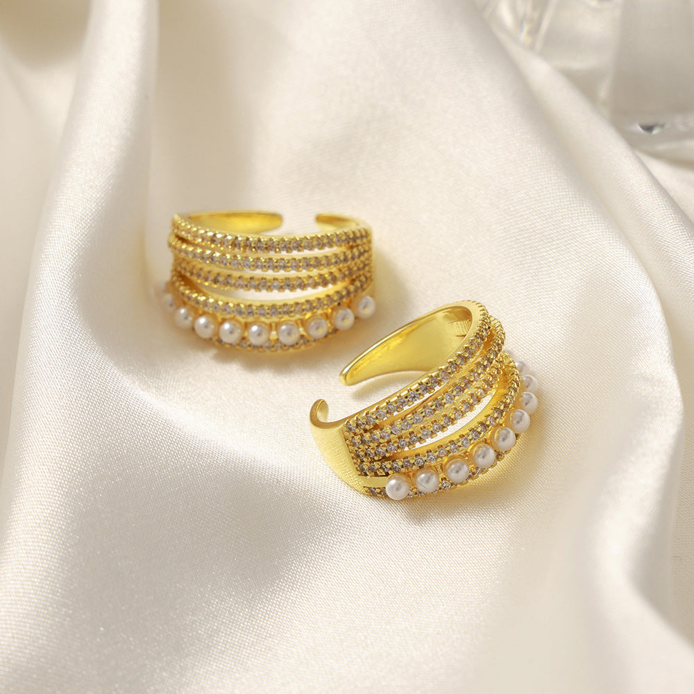 Luxurious Copper Multi-Layer Ring with Imitation Pearl and Zircon Inlays