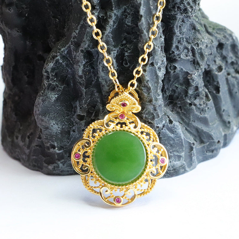 S925 Sterling Silver Natural Hotan Jade Pendant Necklace with Jasper Hollow Detail