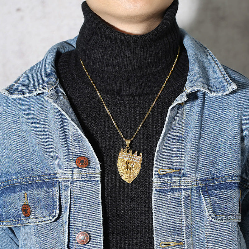 Trendy Man Lion Head Zircon Titanium Steel Pendant