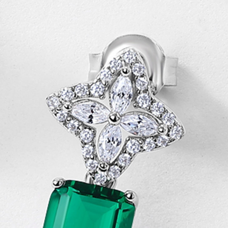 S925 Sterling Silver Lab-Grown Emerald Flower Stud Earrings