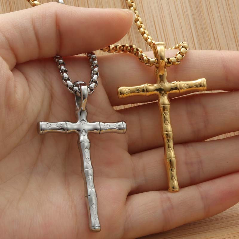 Titanium Steel Bamboo Knot Cross Pendant Necklace - Trendy Punk Style for Men