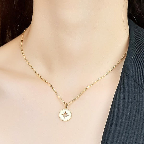 Stainless Steel Hollowed Out Star Round Pendant Necklace for Women