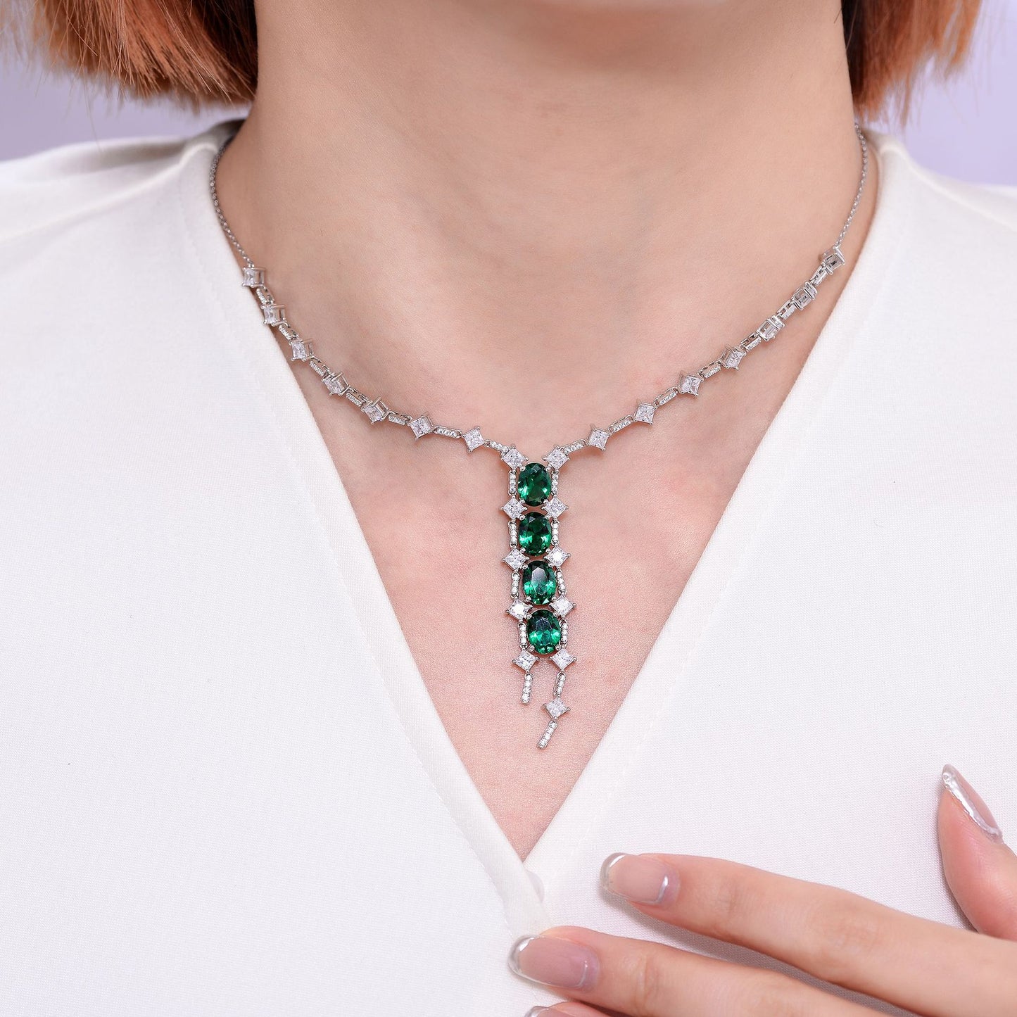 Oval Lab Created Emerald Beading Tassle Silver Necklace