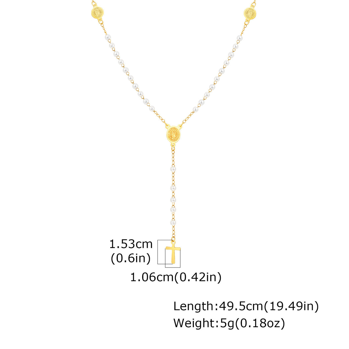 Gold Rosary-Style Y Necklace with Cross