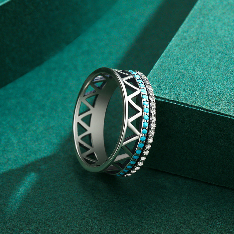 Vintage Geometric Silver Ring with Turquoise Inlay - Women's Sterling Silver Jewelry