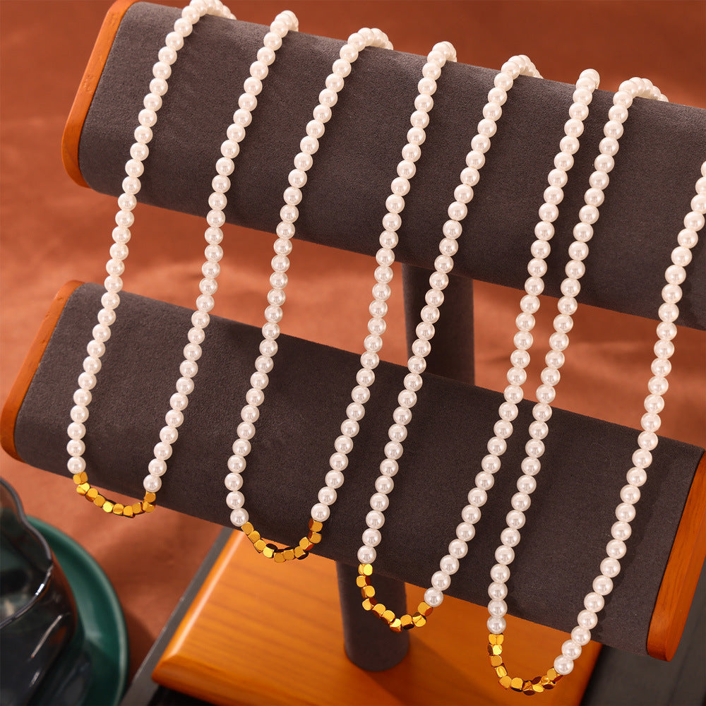 Luxurious Retro Hepburn Style Titanium Steel Necklace with Silver Millet and Shell Beads