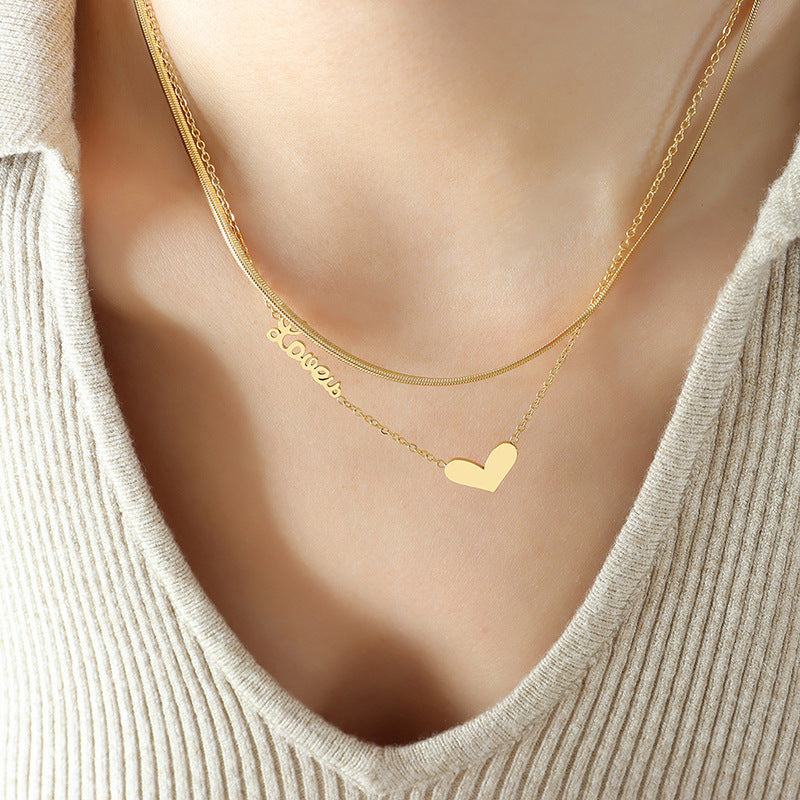 Layered Heart Necklace for Women - Elegant European & American Style Medium-Weight Metal Collarbone Chain