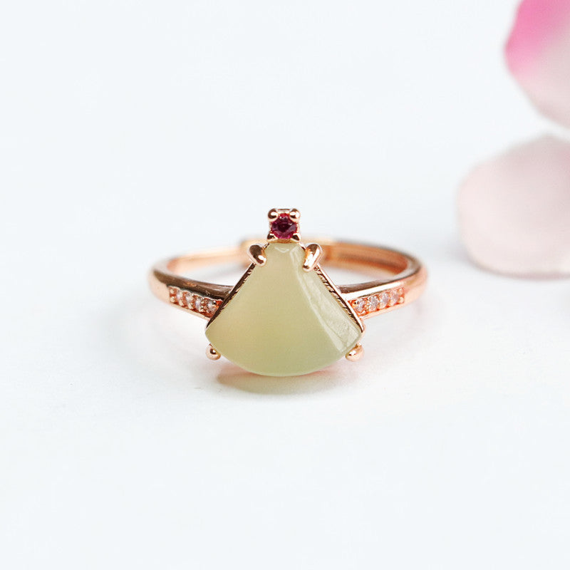 Exquisite Hetian Jade Little Skirt Ring in Sterling Silver