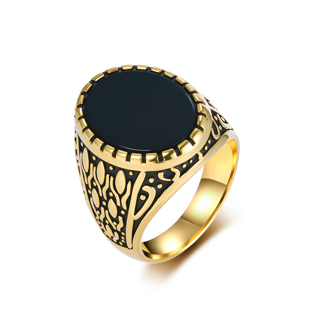 Stainless Steel Black Gemstone Ring Men's Gold-Plated