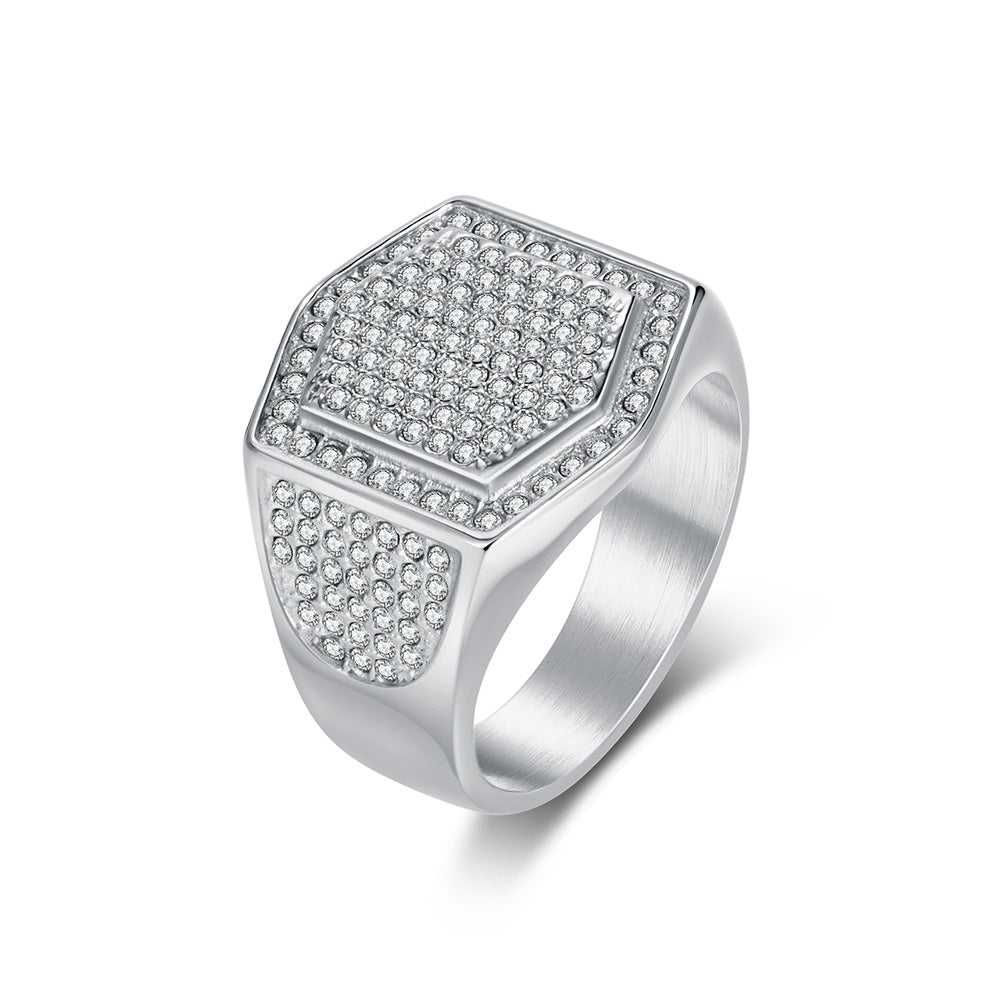 Planderful Gold Plated Full Zircon Hexagonal Ring For Men High End Light Luxury Titanium Steel