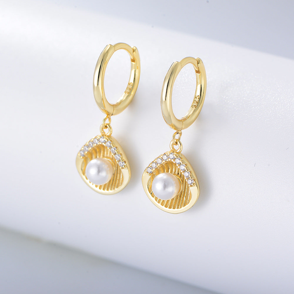 S925 Sterling Silver Shell Shape Pearl Earrings Zircon Earrings