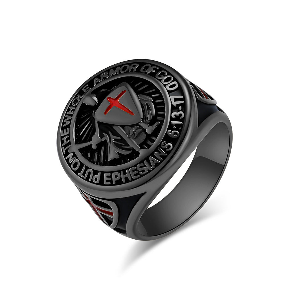 Cross-Border European American Retro Templar Shield Ring for Men