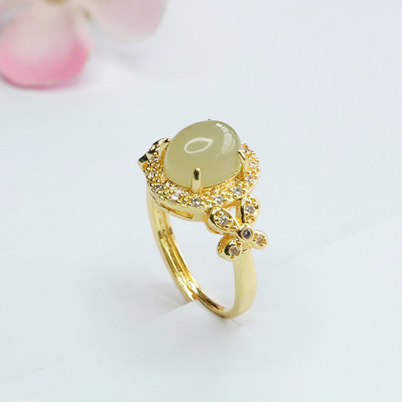 Oval Hotan Jade Zircon Sterling Silver Ring - Luxury Hollow Jewelry