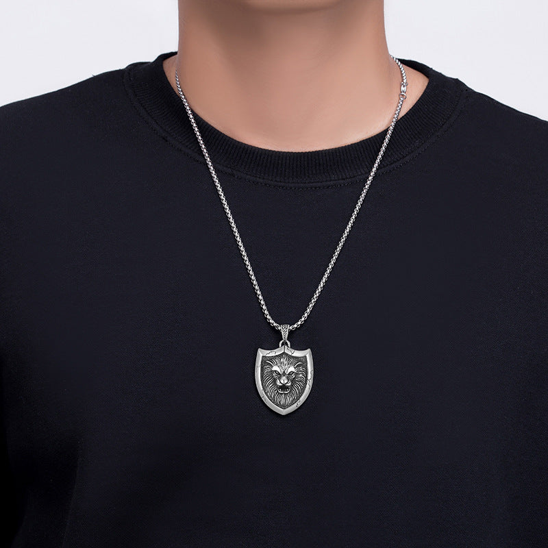Steel Necklace - Vintage Unisex Lion Shield Pendant