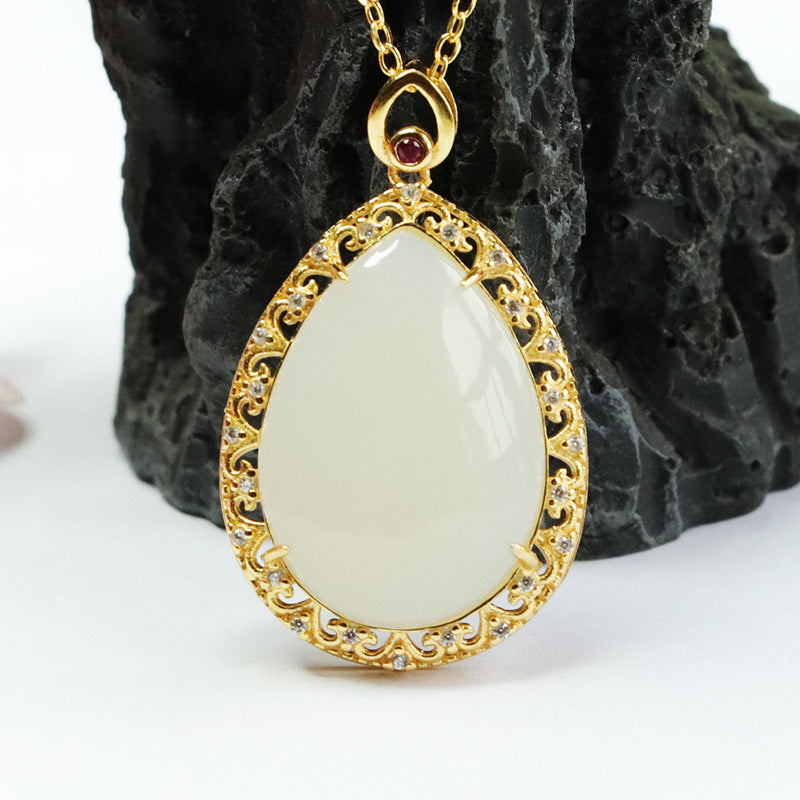 S925 Silver Natural Hetian Jade Pendant Drop White Jade Zircon Hollow Necklace