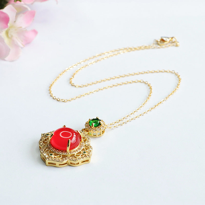 Circular Red Agate Vintage Zircon Petal Necklace