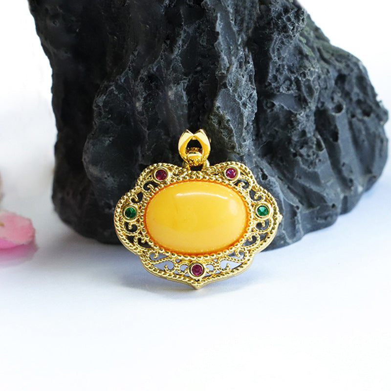 Golden Ruyi Necklace with Beeswax Amber and Zircon