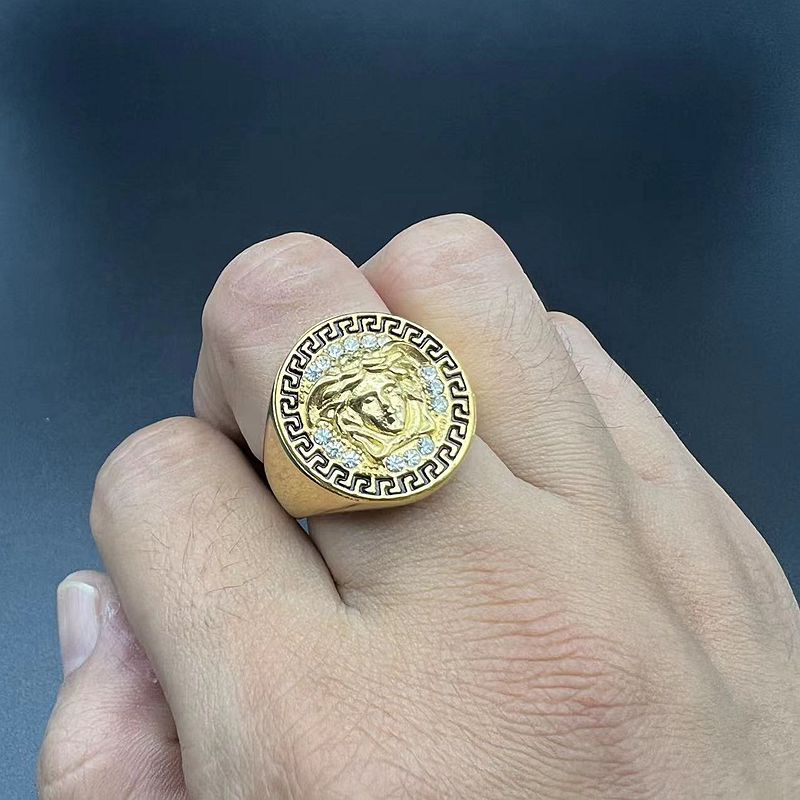 Planderful Everyday Genie Hip Hop Ring Titanium Steel Gold Plated Rhinestone Greek Mythology Head Mens