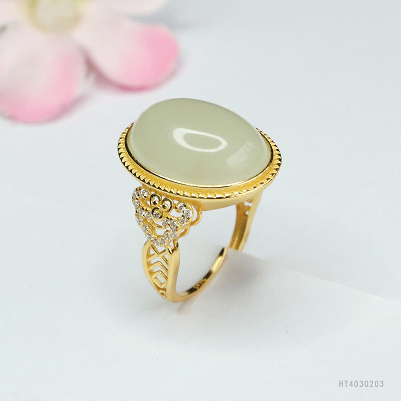 925 Sterling Silver Qingshui Hetian Jade Ruyi Ring