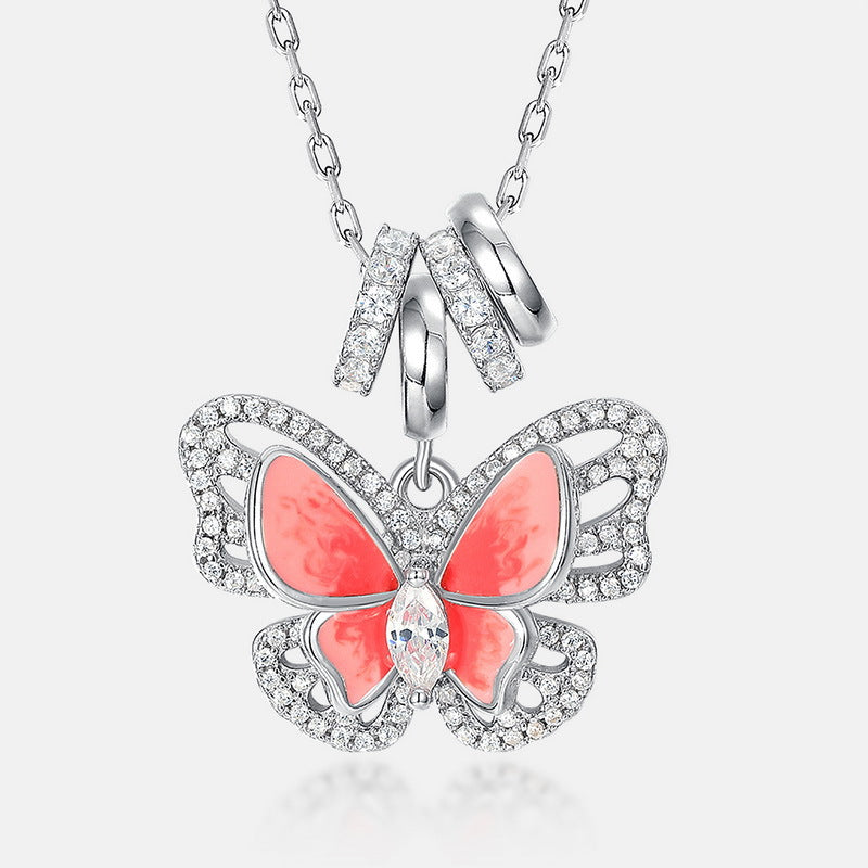 Enamel Red Butterfly Pendant Zircon Sterling Silver Necklace
